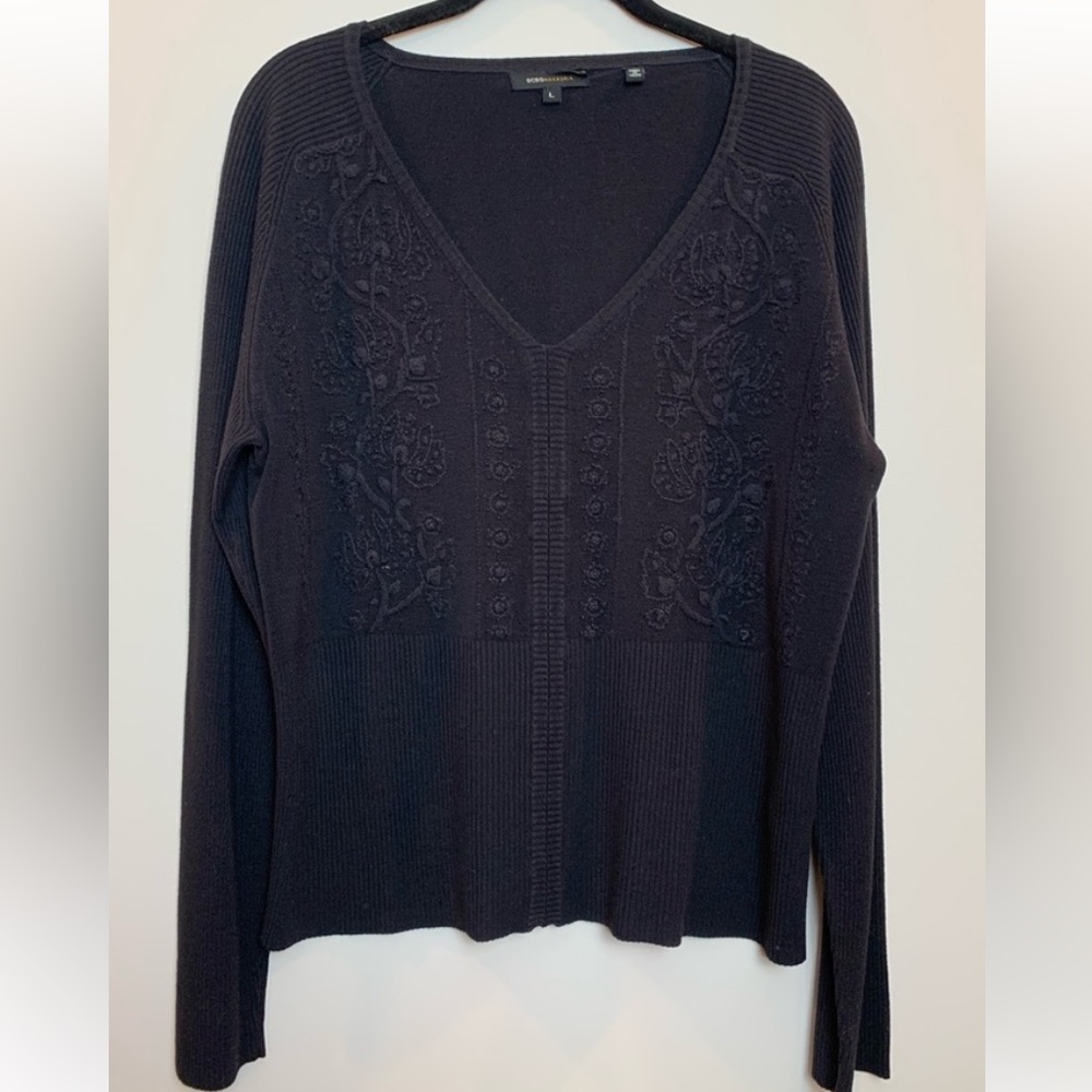 BCBGMaxAzria Silk Blend V Neck Embroidered Sweater